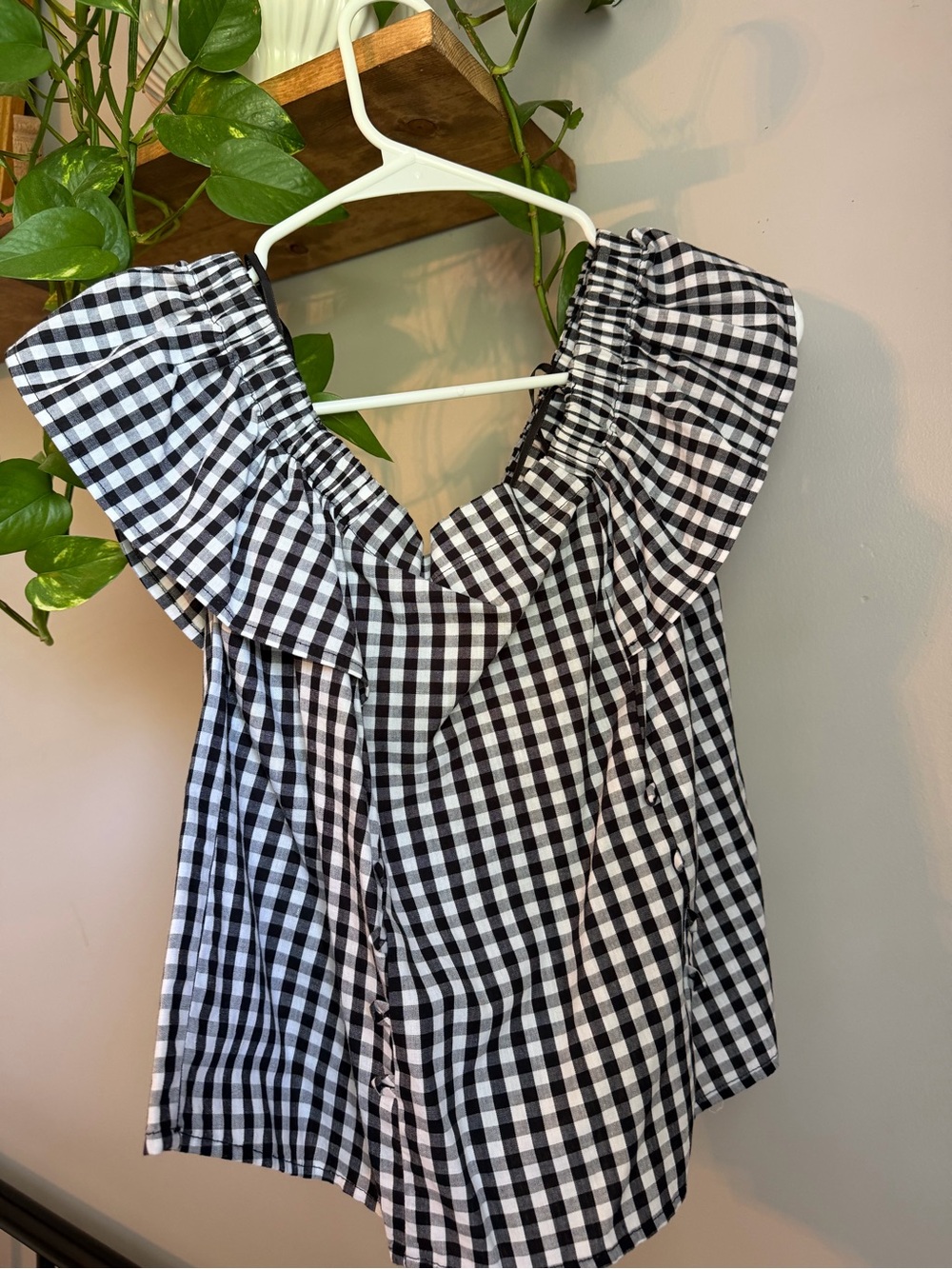 Forever 21 Black and White Gingham Ruffle Off The Shoulder Top